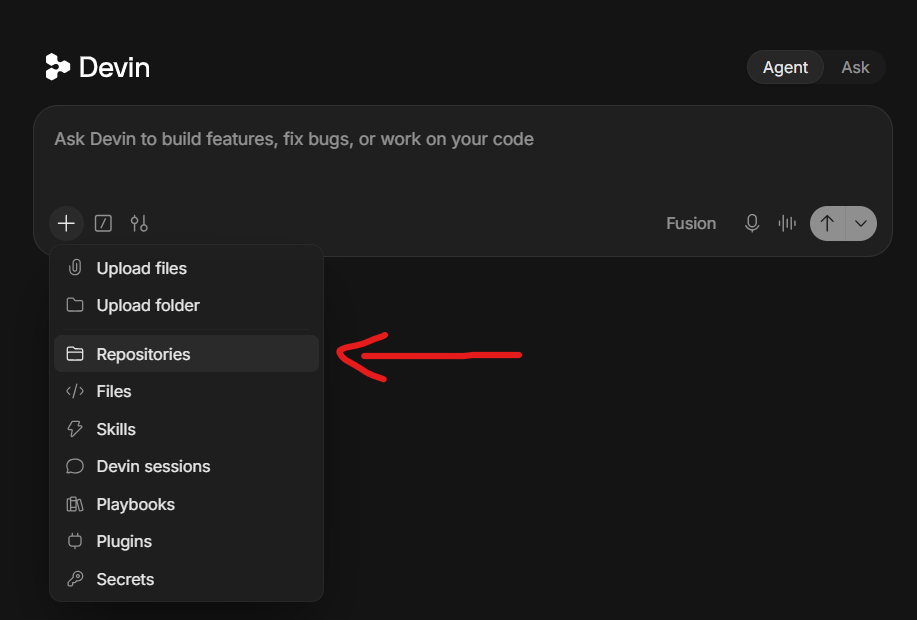 Devin's new-session box with the + menu open and Repositories highlighted